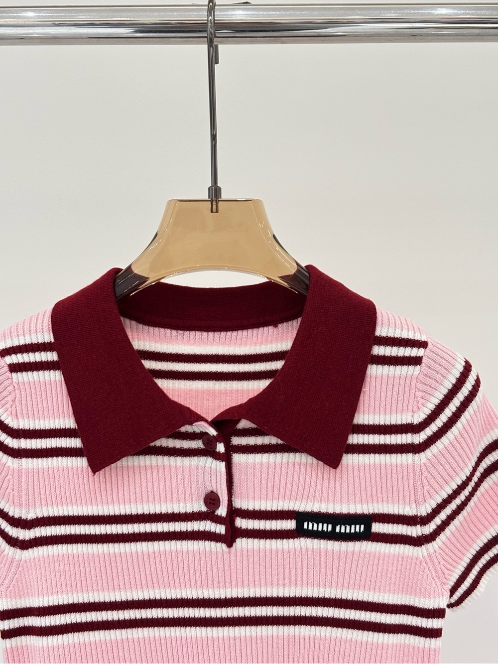 Miu Miu Pink and Burgundy Striped Polo Knit Sweater